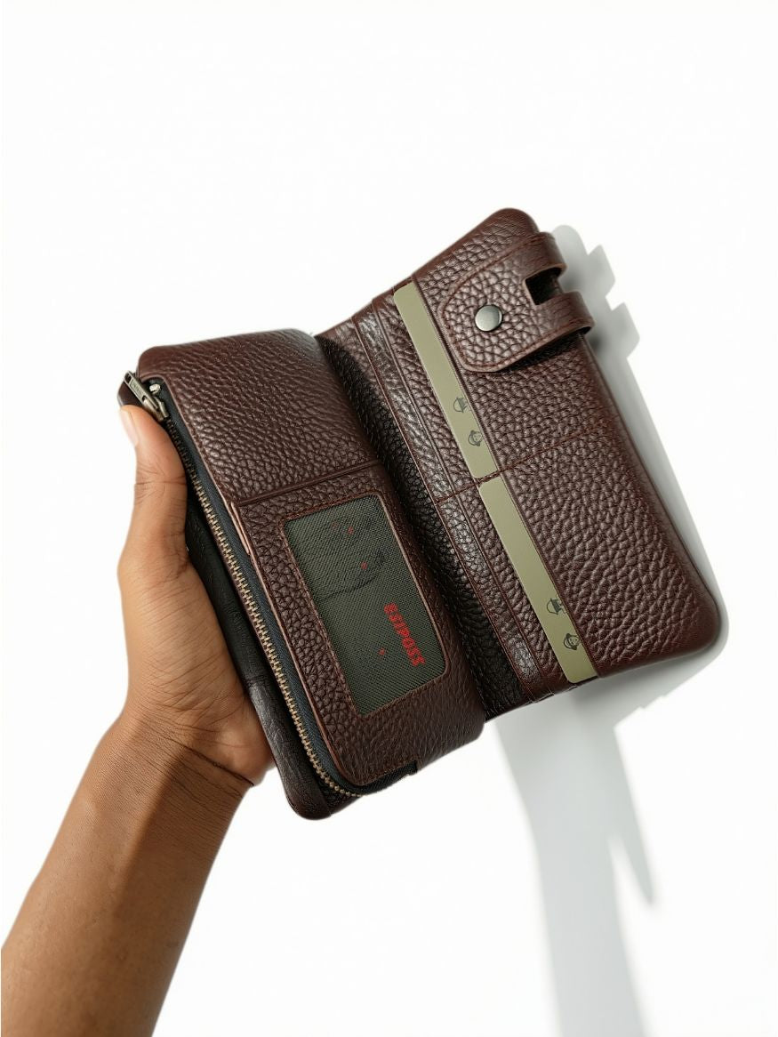 Esiposs Men's Textured Leather Long Bifold Wallet — Dark Brown