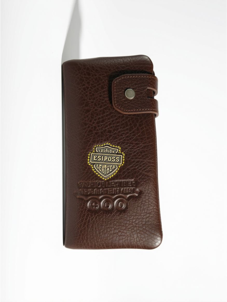 Esiposs Men's Textured Leather Long Bifold Wallet with Snap Closure — Dark Brown