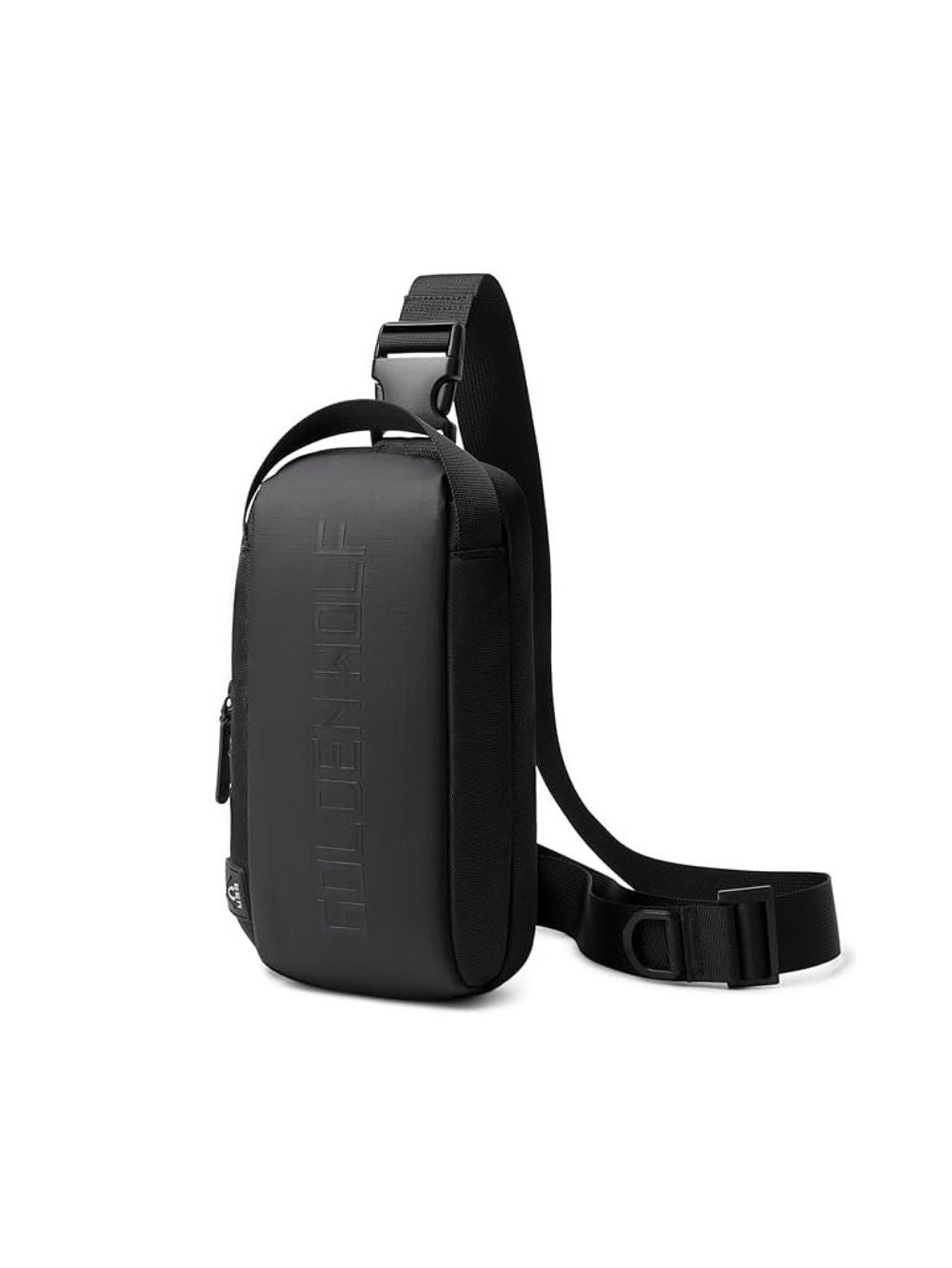 Front angled view of Golden Wolf GXB00131 black crossbody sling bag with debossed logo