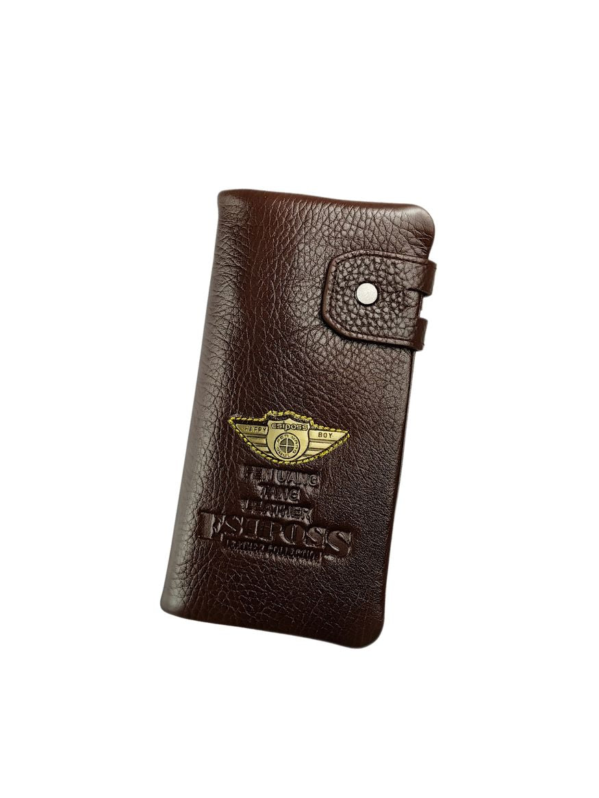 Esiposs Men's Textured Leather Long Bifold Wallet — Dark Brown