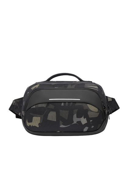 Front view of Ozuko 9551 UrbanGuard sling bag in camouflage pattern featuring reflective strip