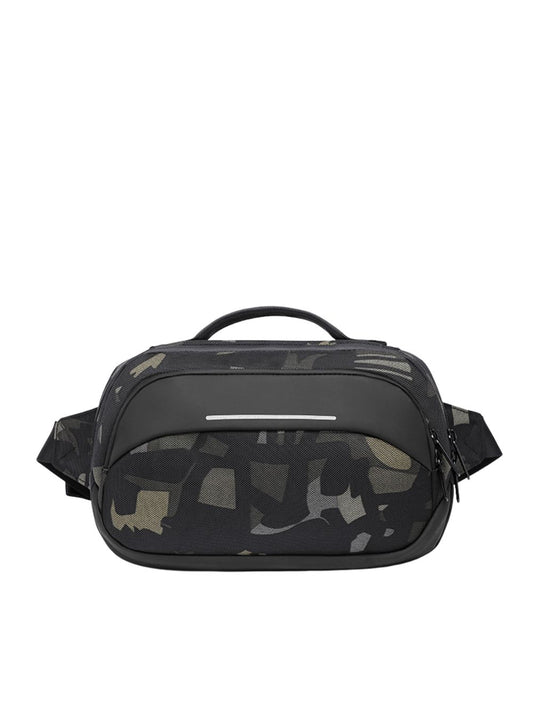 Front view of Ozuko 9551 UrbanGuard sling bag in camouflage pattern featuring reflective strip