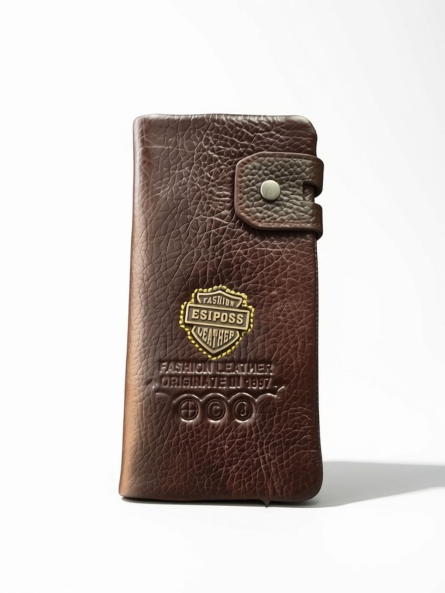 Esiposs Men's Textured Leather Long Bifold Wallet with Snap Closure — Dark Brown