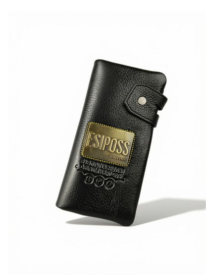 Esiposs Men's Textured Leather Long Bifold Clutch Wallet — Black