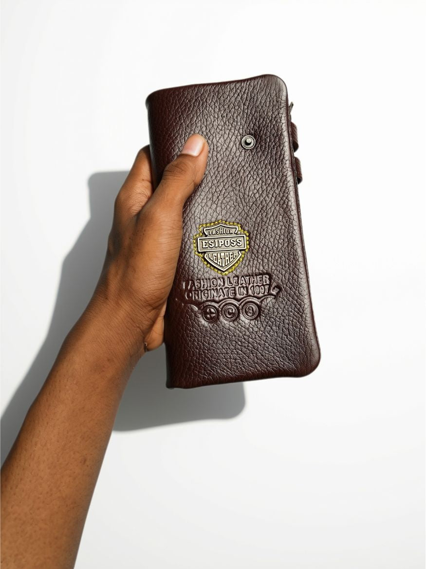 Esiposs Men's Textured Leather Long Bifold Wallet with Snap Closure — Dark Brown
