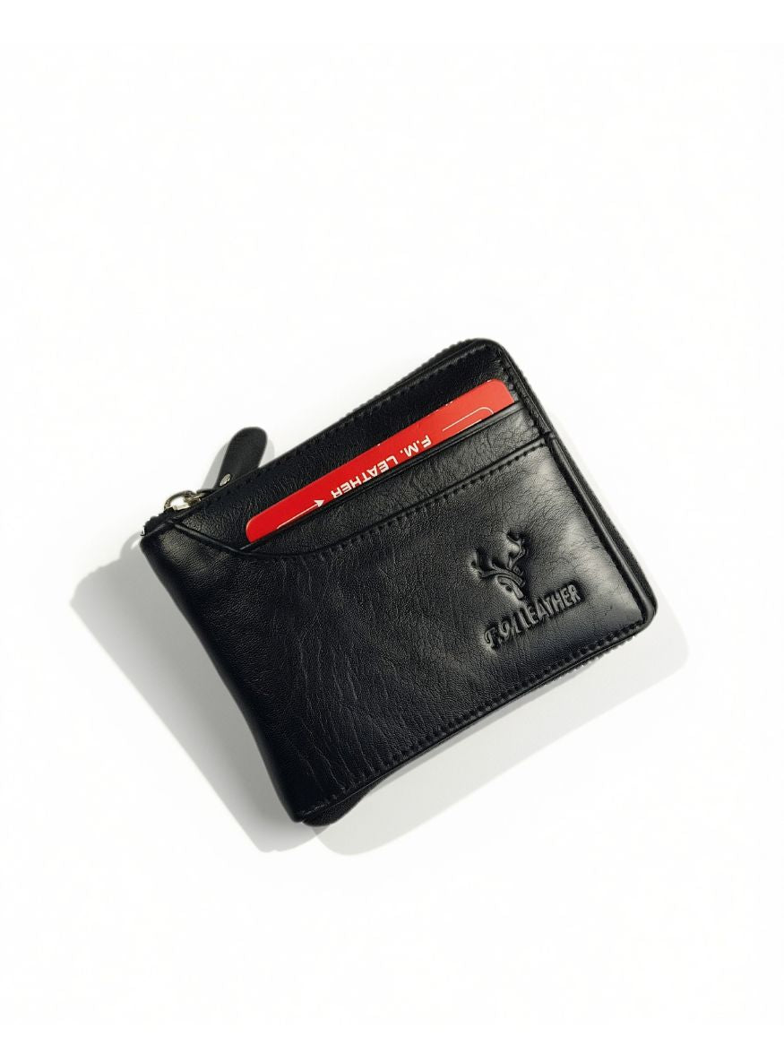 Full Grain Genuine Leather Zipper Bifold Wallet for Men — Black (1102)
