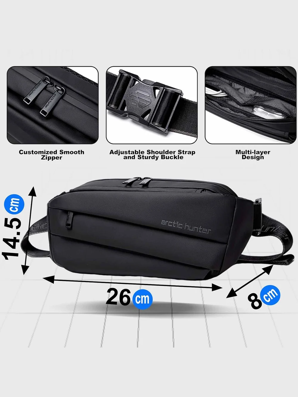 Dimensions diagram and feature breakdown for Arctic Hunter YB00029 chest bag