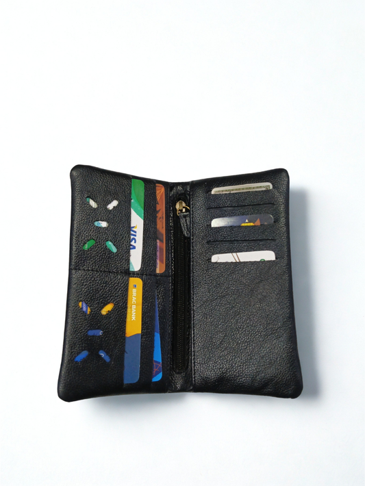 Genuine Grain Leather Men Long Wallet — Black