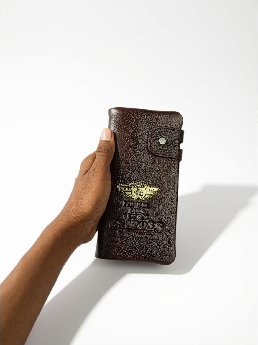 Esiposs Men's Textured Leather Long Bifold Wallet — Dark Brown