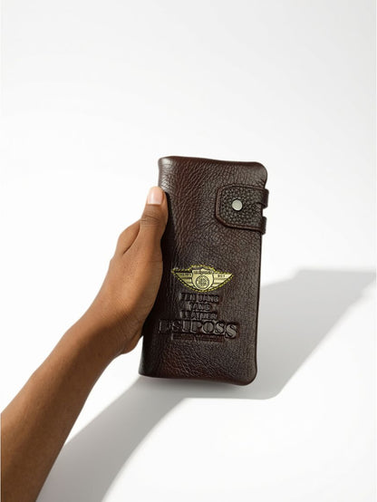 Esiposs Men's Textured Leather Long Bifold Wallet — Dark Brown