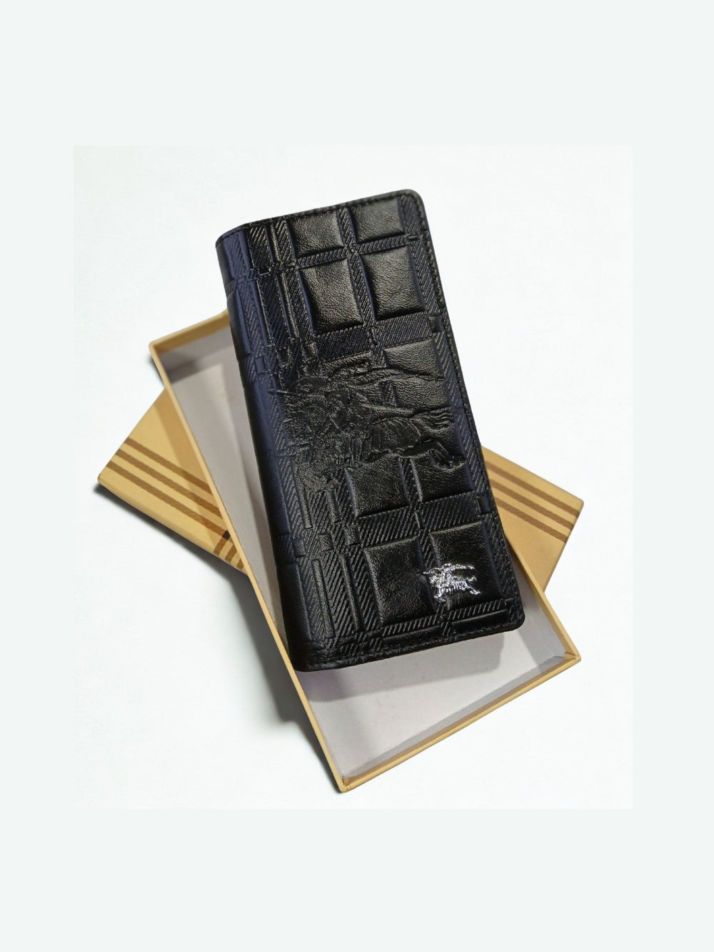 Check Pattern Leather Long Wallet & Travel Organizer for Men — Black