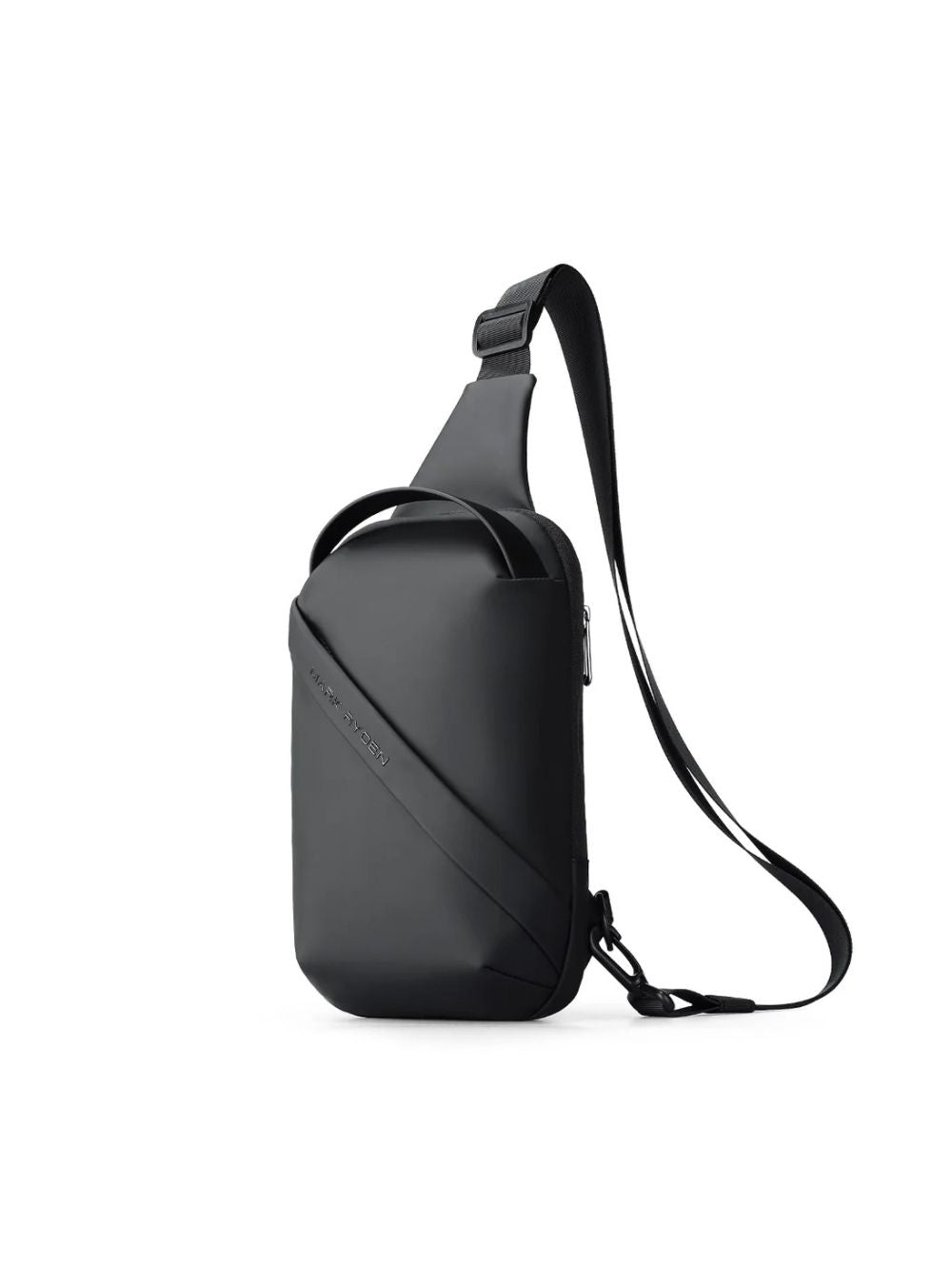 Three-quarter front view of Mark Ryden MR-8518 black sling bag showing strap and top handle