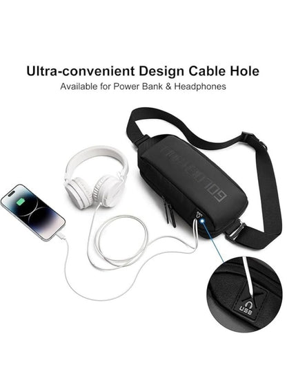 Golden Wolf GXB00131 sling bag with phone and headphones connected through the cable hole