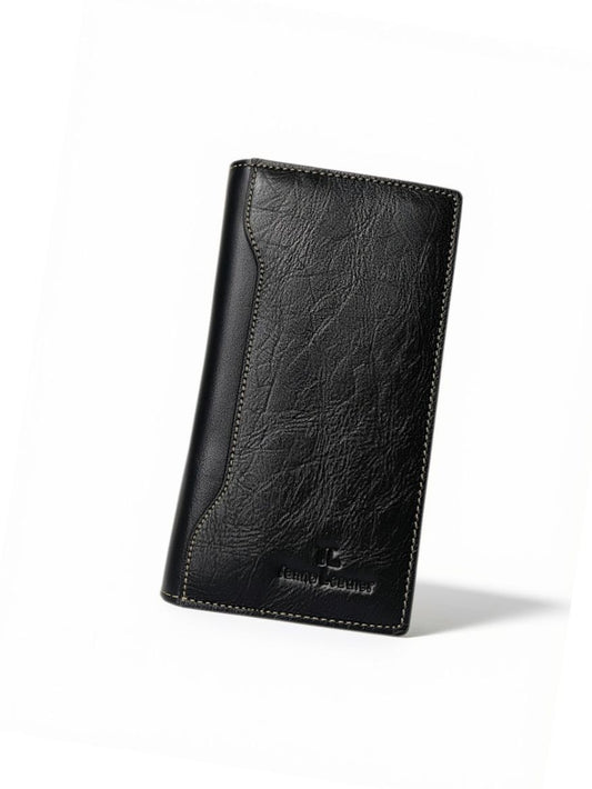 Leather Men's Genuine Pebbled Leather Long Clutch Wallet — Black