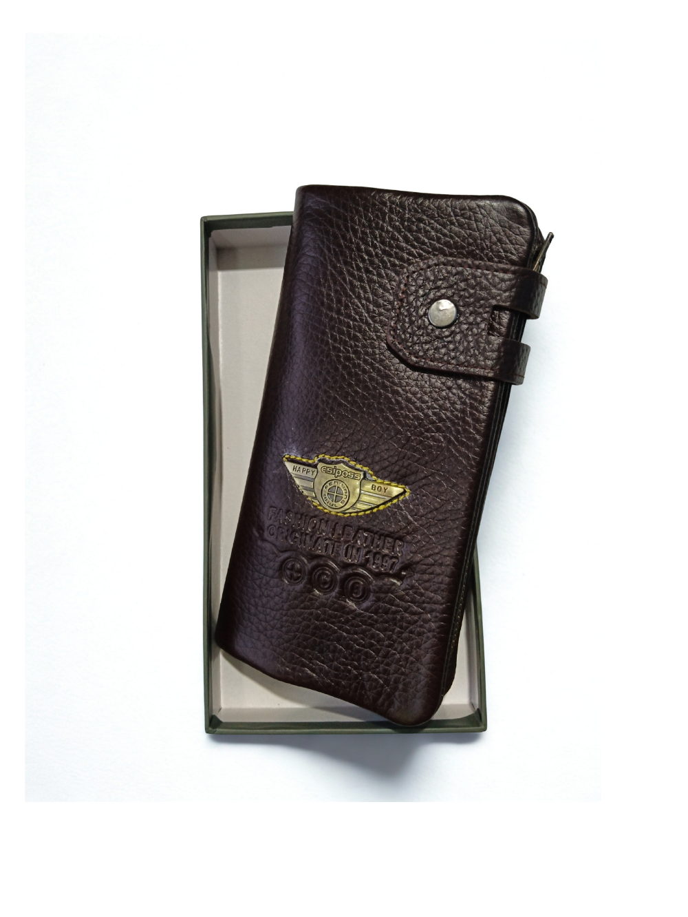 Esiposs Men's Long Pebbled Leather Trifold Clutch Wallet & Mobile Holder — Dark Brown