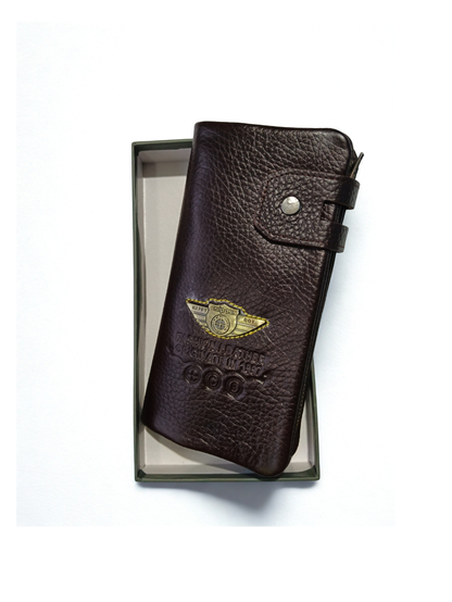 Esiposs Men's Long Pebbled Leather Trifold Clutch Wallet & Mobile Holder — Dark Brown