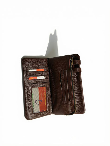 Esiposs Men's Textured Leather Long Bifold Wallet with Snap Closure — Dark Brown