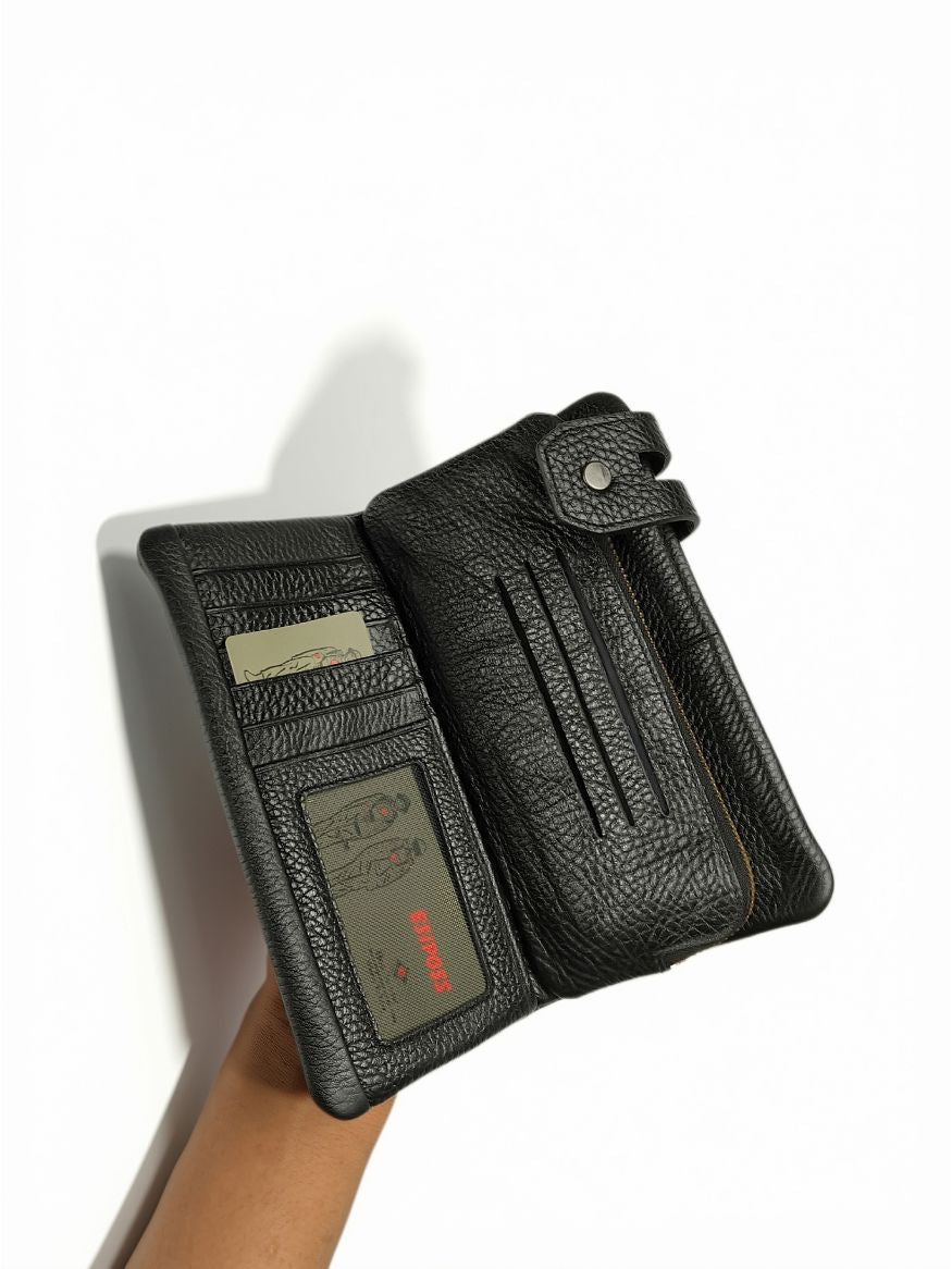 Esiposs Men's Textured Leather Long Bifold Wallet — Chocolate Brown