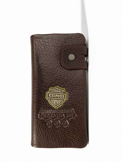 Esiposs Men's Textured Leather Long Bifold Wallet with Snap Closure — Dark Brown