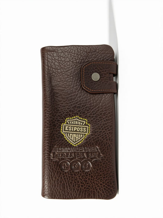 Esiposs Men's Textured Leather Long Bifold Wallet with Snap Closure — Dark Brown
