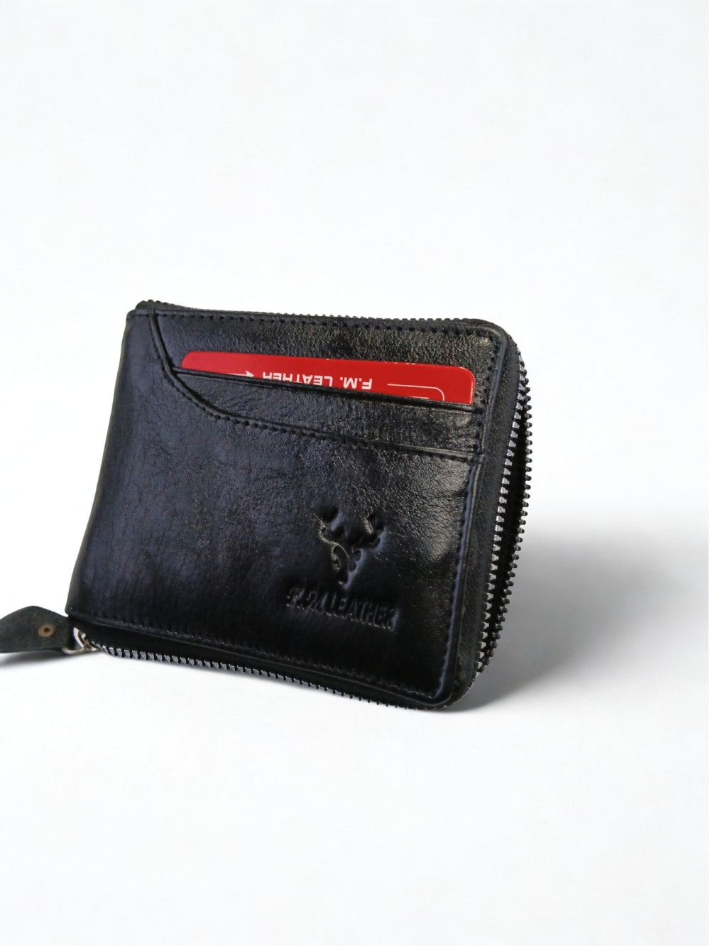 Full Grain Genuine Leather Zipper Bifold Wallet for Men — Black (1102)