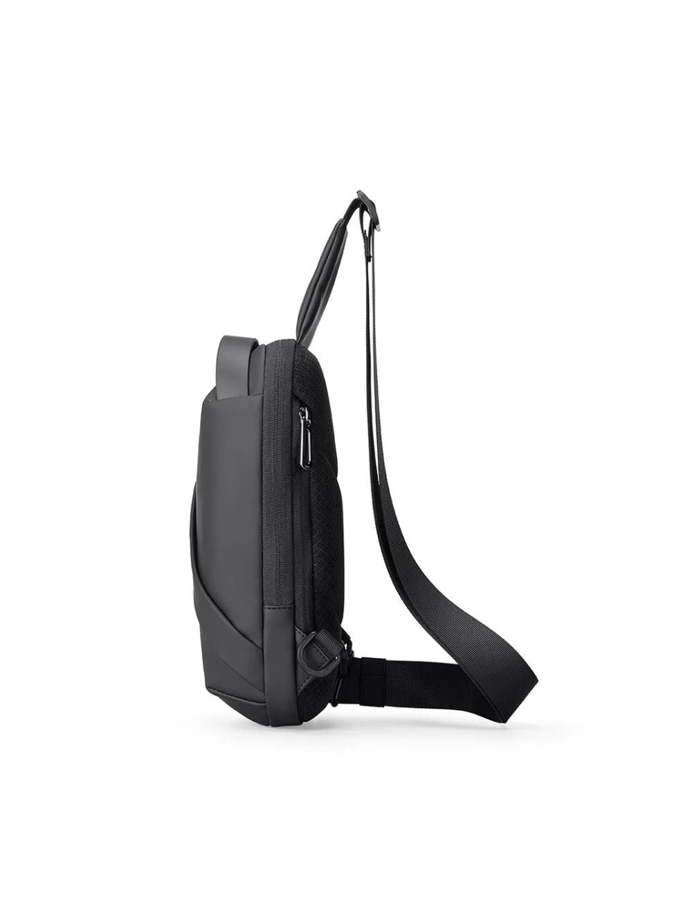 Side view of Mark Ryden MR-8518 sling bag displaying slim profile, side zippers, and back mesh