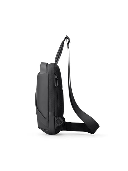 Side view of Mark Ryden MR-8518 sling bag displaying slim profile, side zippers, and back mesh