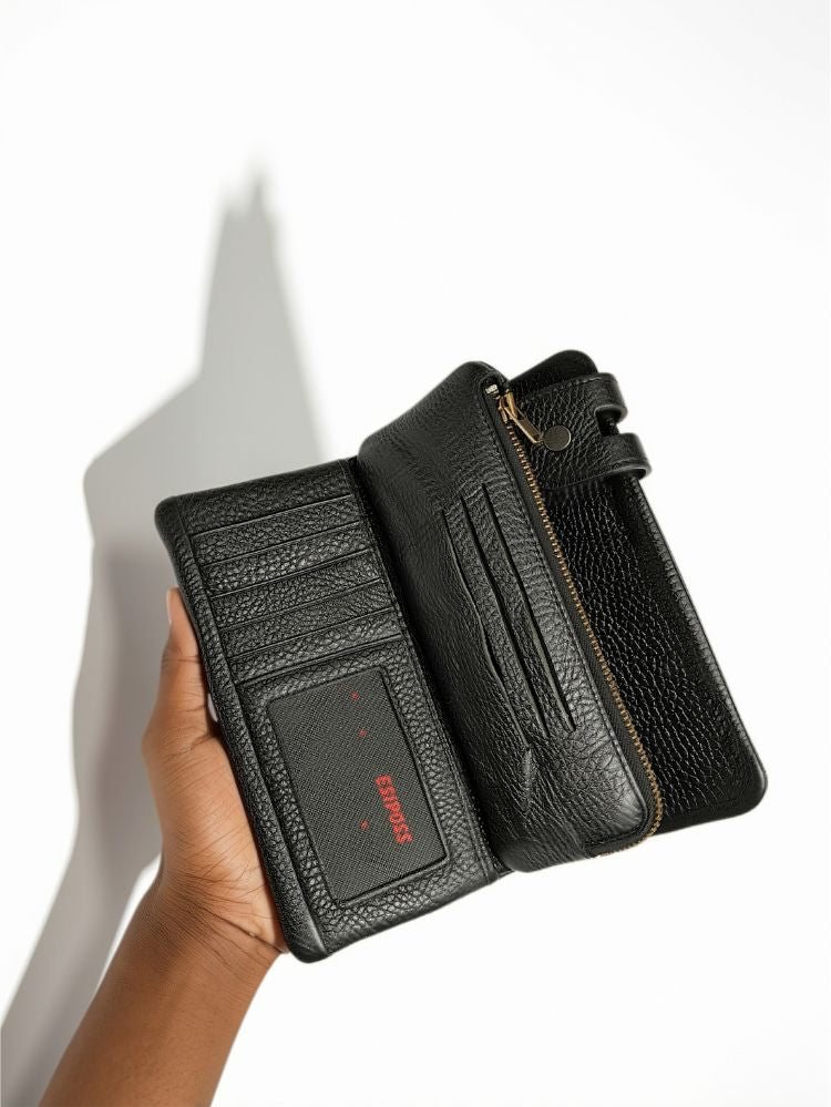 Esiposs Men's Textured Leather Long Bifold Clutch Wallet — Black