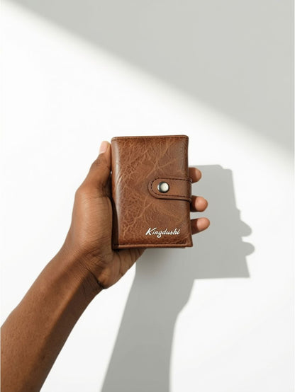 Kingdushi RFID Blocking Pop-Up Card Holder Slim PU Leather Wallet — Brown