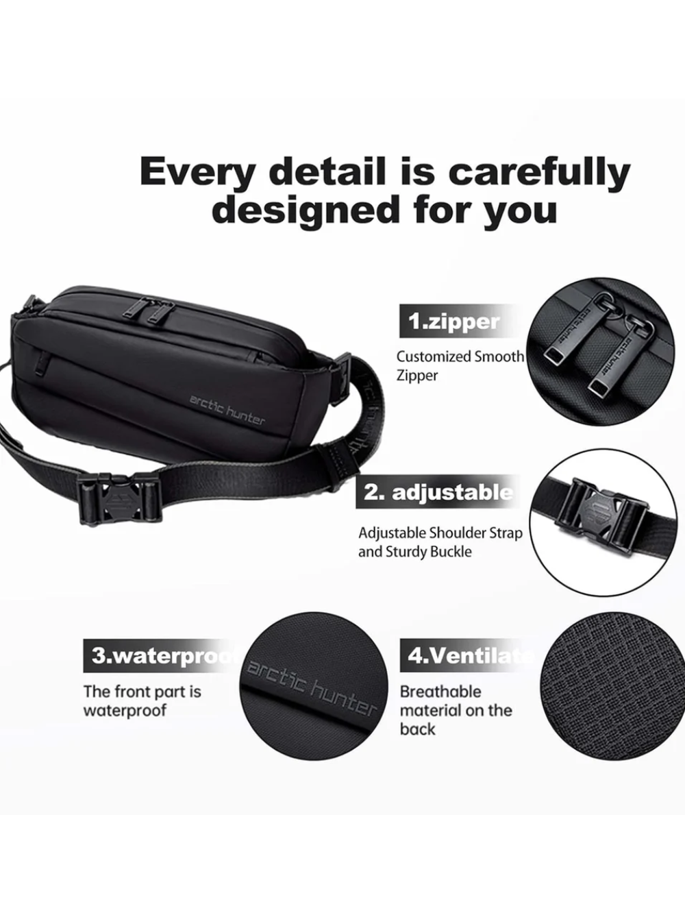 Detail features graphic showing zipper, buckle, waterproof shell, and breathable back of Arctic Hunter bag