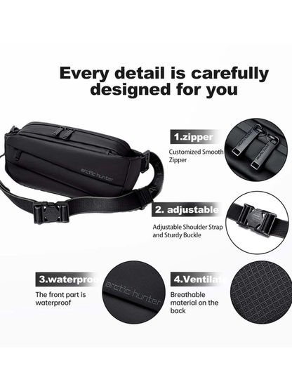 Detail features graphic showing zipper, buckle, waterproof shell, and breathable back of Arctic Hunter bag