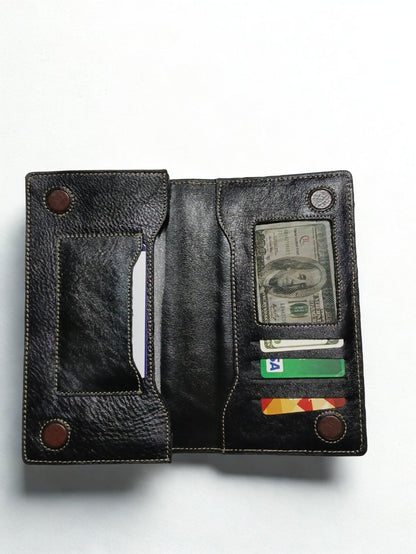 Leather Men's Genuine Pebbled Leather Long Clutch Wallet — Black