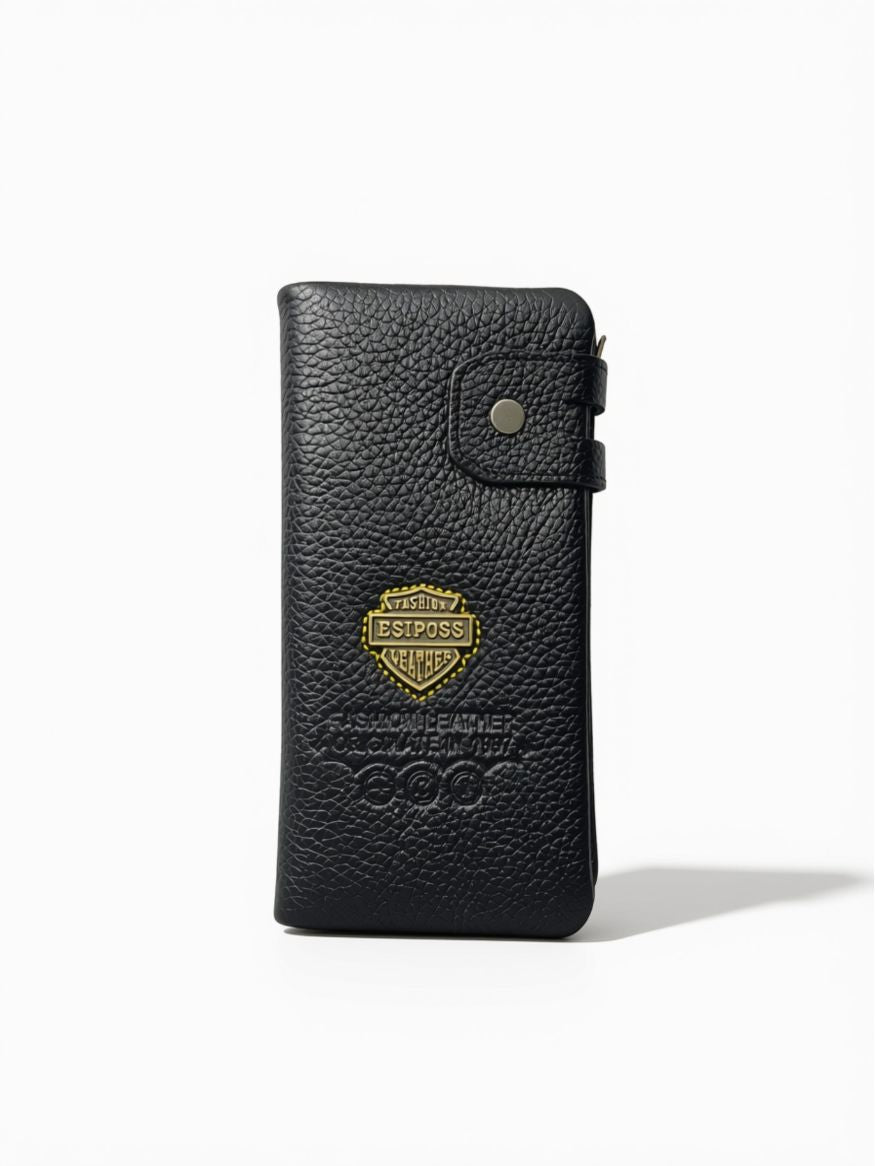 Esiposs Men's Textured Leather Long Bifold Wallet with Snap Closure — Dark Brown