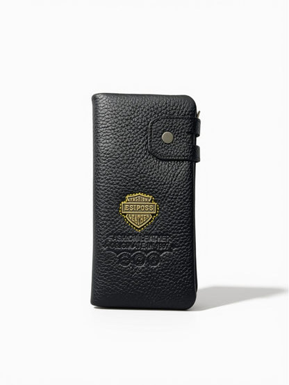 Esiposs Men's Textured Leather Long Bifold Wallet with Snap Closure — Dark Brown