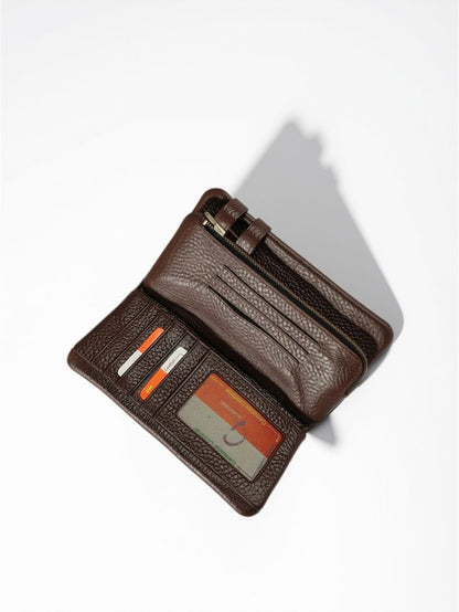 Esiposs Men's Textured Leather Long Bifold Wallet with Snap Closure — Dark Brown