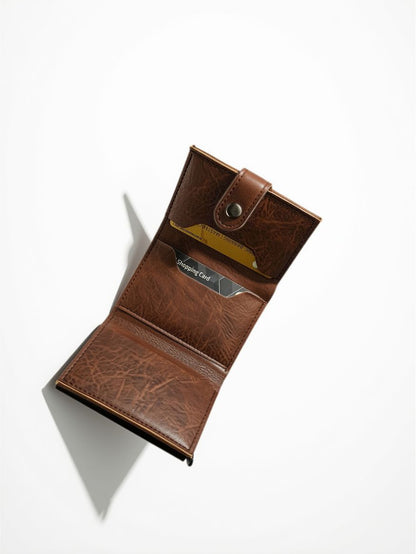 Kingdushi RFID Blocking Pop-Up Card Holder Slim PU Leather Wallet — Brown