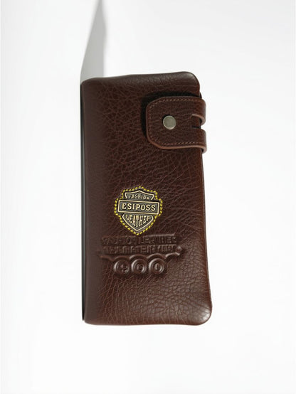 Esiposs Men's Textured Leather Long Bifold Wallet with Snap Closure — Dark Brown