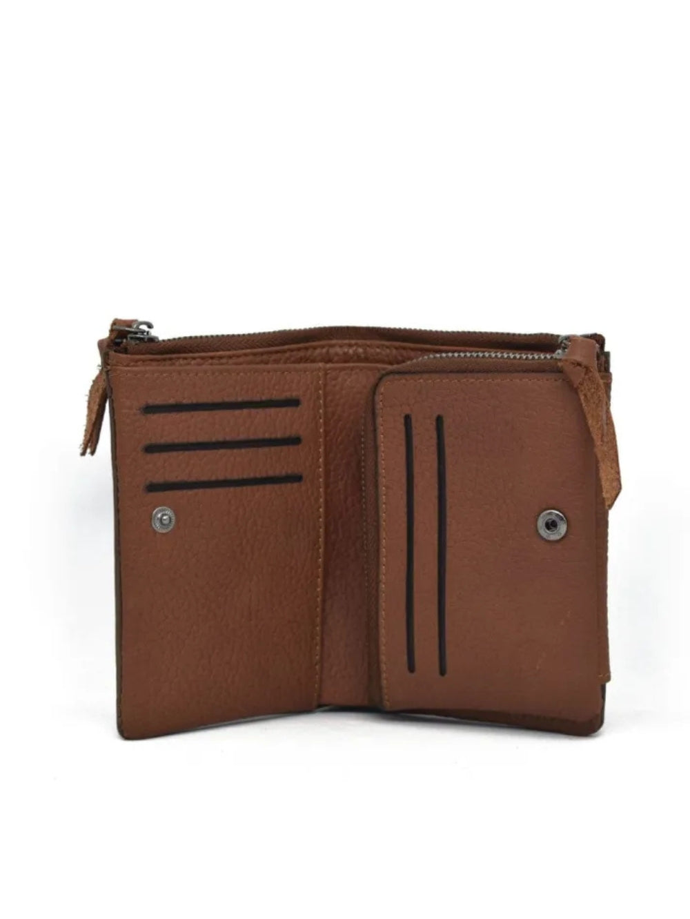 Open view of brown pebbled leather men wallet displaying interior card slots and zipper pocket