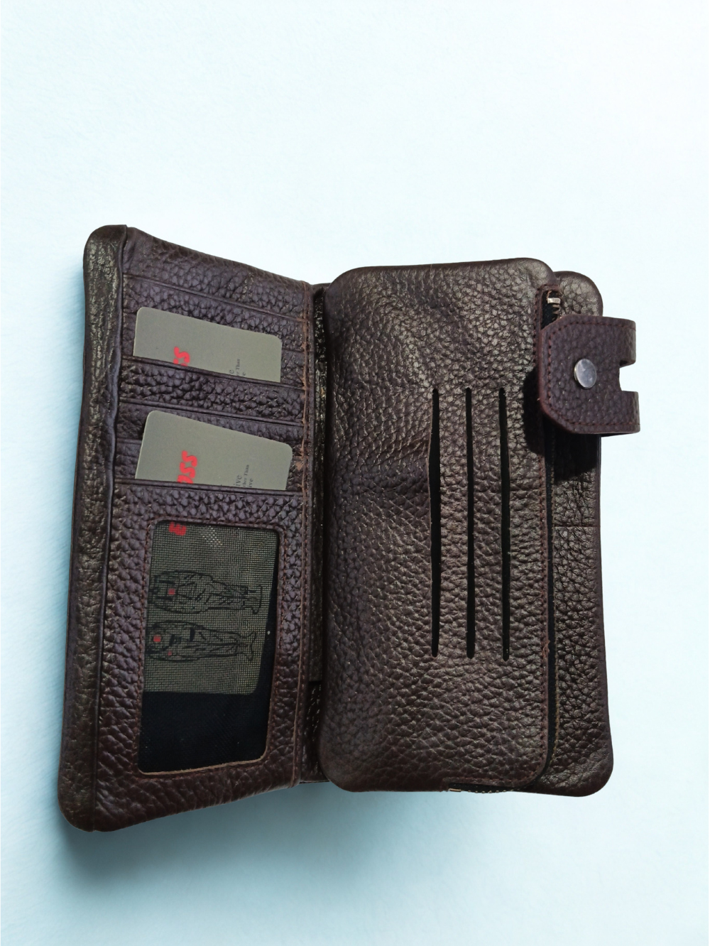 Esiposs Men's Long Pebbled Leather Trifold Clutch Wallet & Mobile Holder — Dark Brown