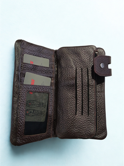 Esiposs Men's Long Pebbled Leather Trifold Clutch Wallet & Mobile Holder — Dark Brown