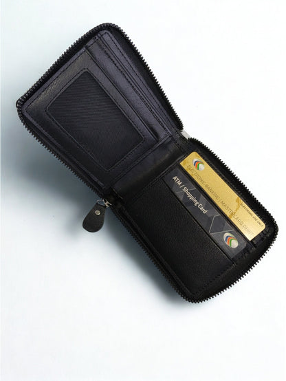 Full Grain Genuine Leather Zipper Bifold Wallet for Men — Black (1102)
