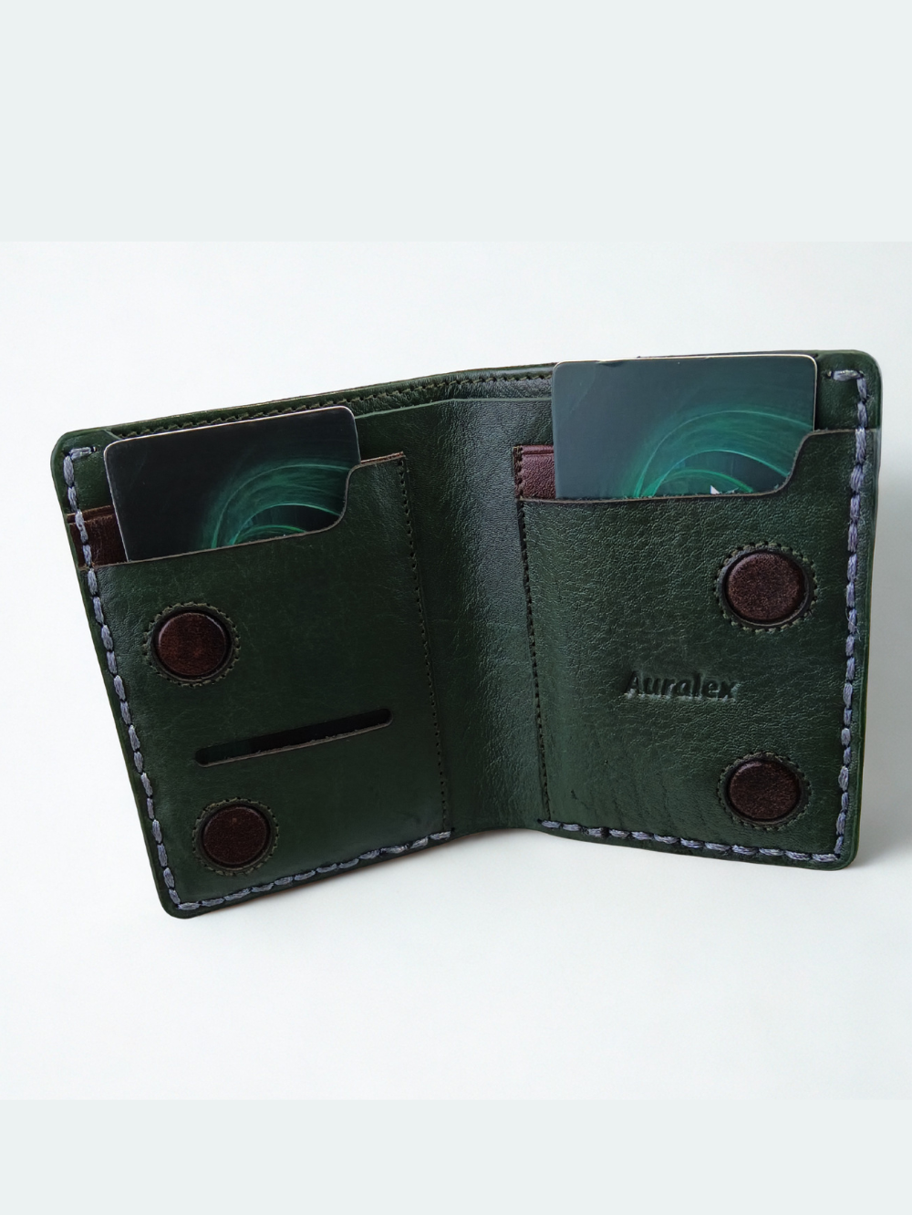 Handcrafted Genuine Leather Men's Vertical Bi-Fold Wallet — Dark Green