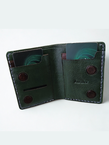 Handcrafted Genuine Leather Men's Vertical Bi-Fold Wallet — Dark Green