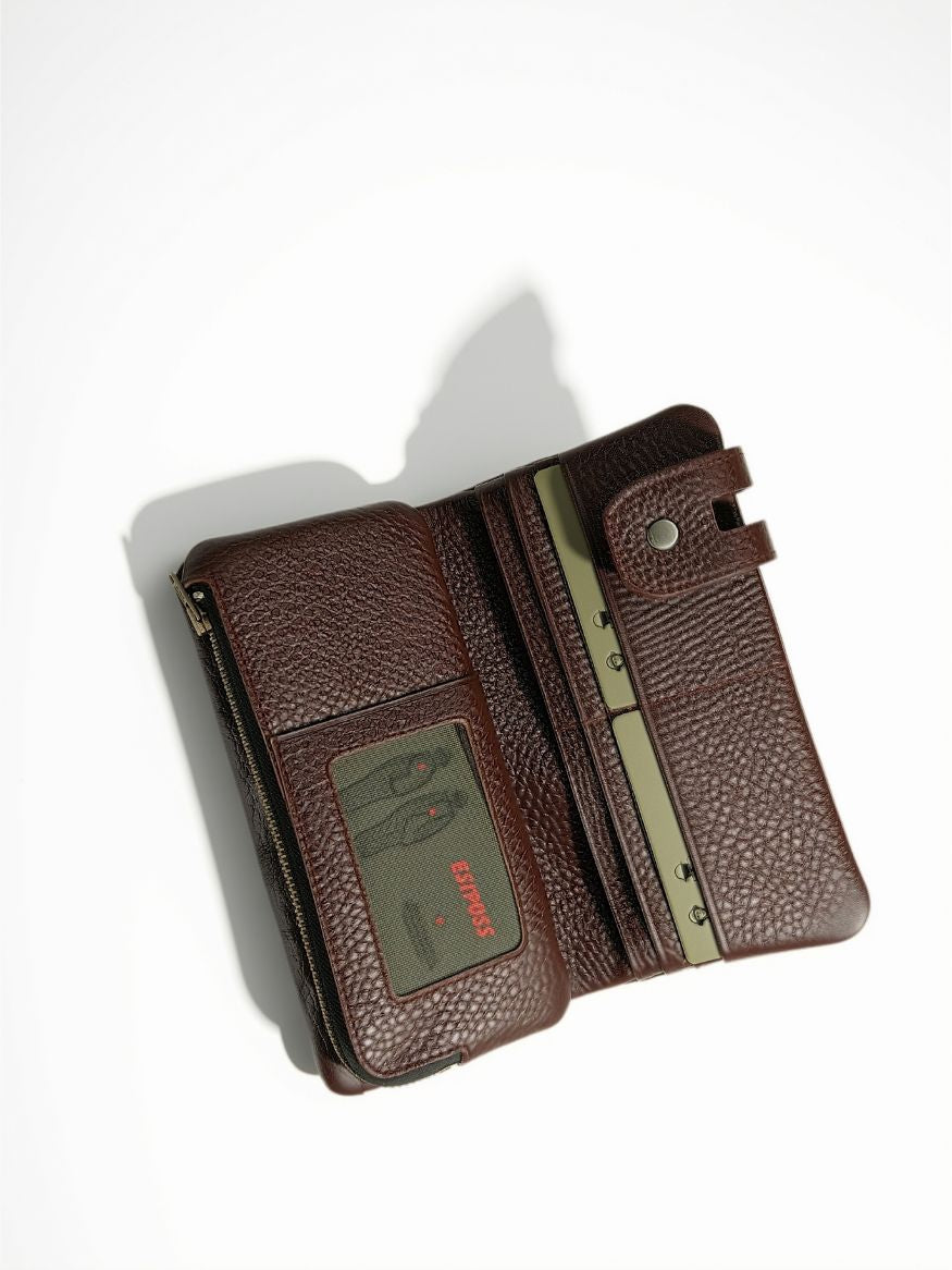 Esiposs Men's Textured Leather Long Bifold Wallet — Dark Brown