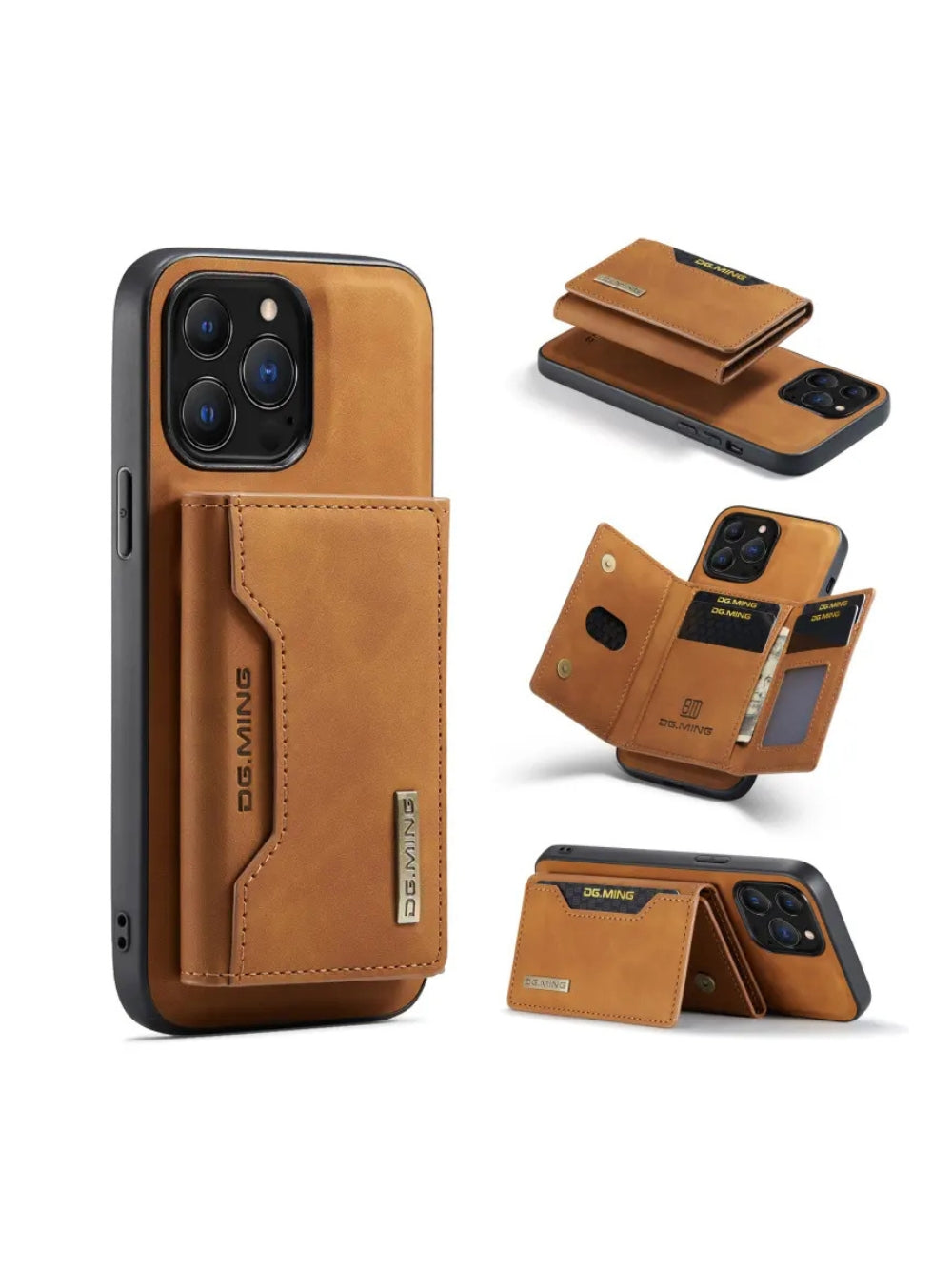 DG.MING magnetic detachable leather wallet phone case showing closed open and kickstand modes