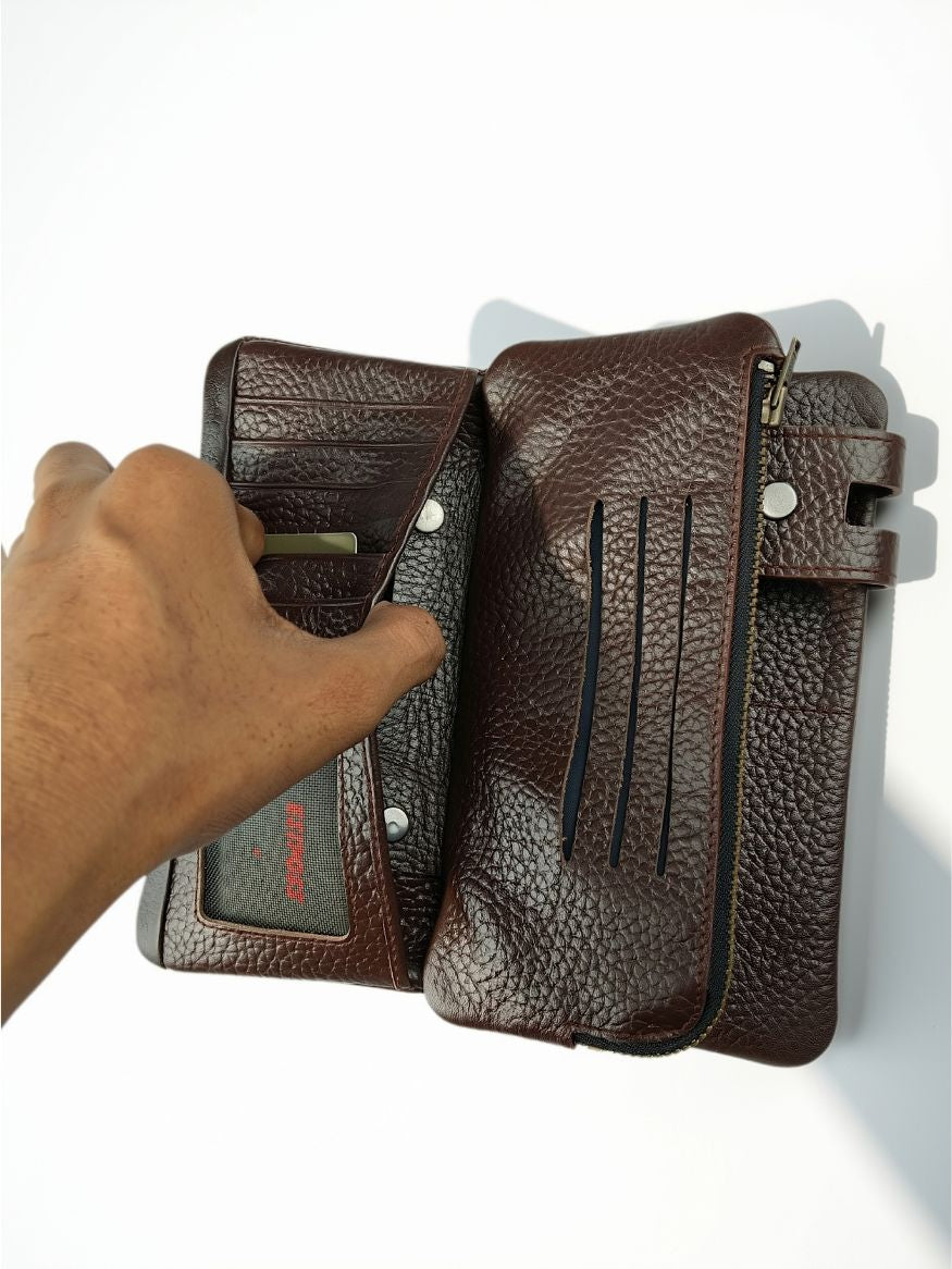 Esiposs Men's Textured Leather Long Bifold Wallet — Dark Brown