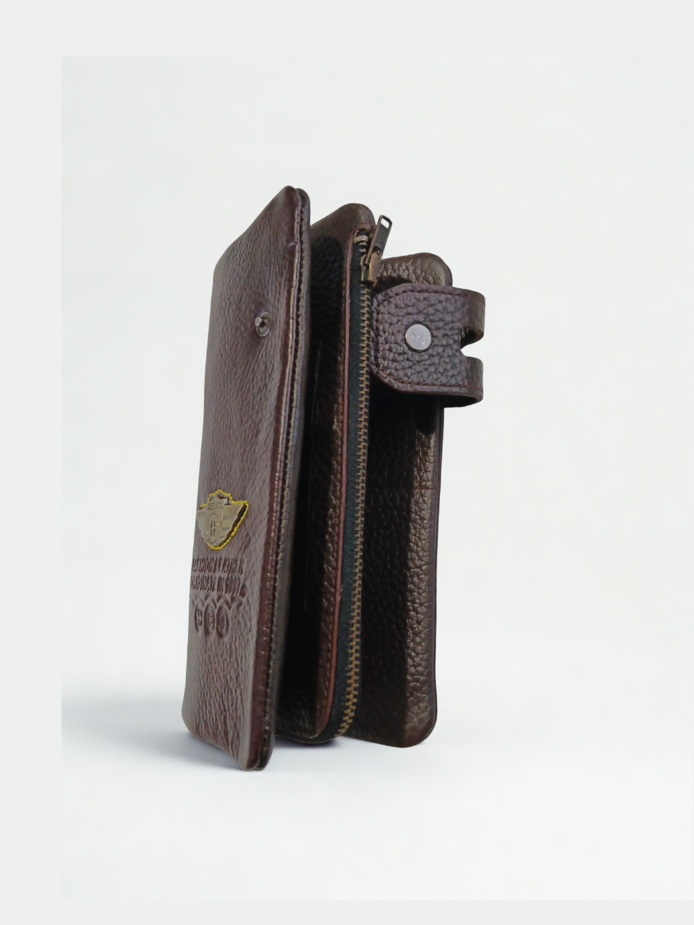 Esiposs Men's Long Pebbled Leather Trifold Clutch Wallet & Mobile Holder — Dark Brown