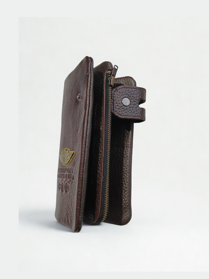 Esiposs Men's Long Pebbled Leather Trifold Clutch Wallet & Mobile Holder — Dark Brown