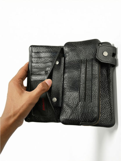 Esiposs Men's Textured Leather Long Bifold Clutch Wallet — Black