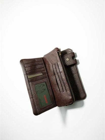 Esiposs Men's Textured Leather Long Bifold Wallet — Dark Brown